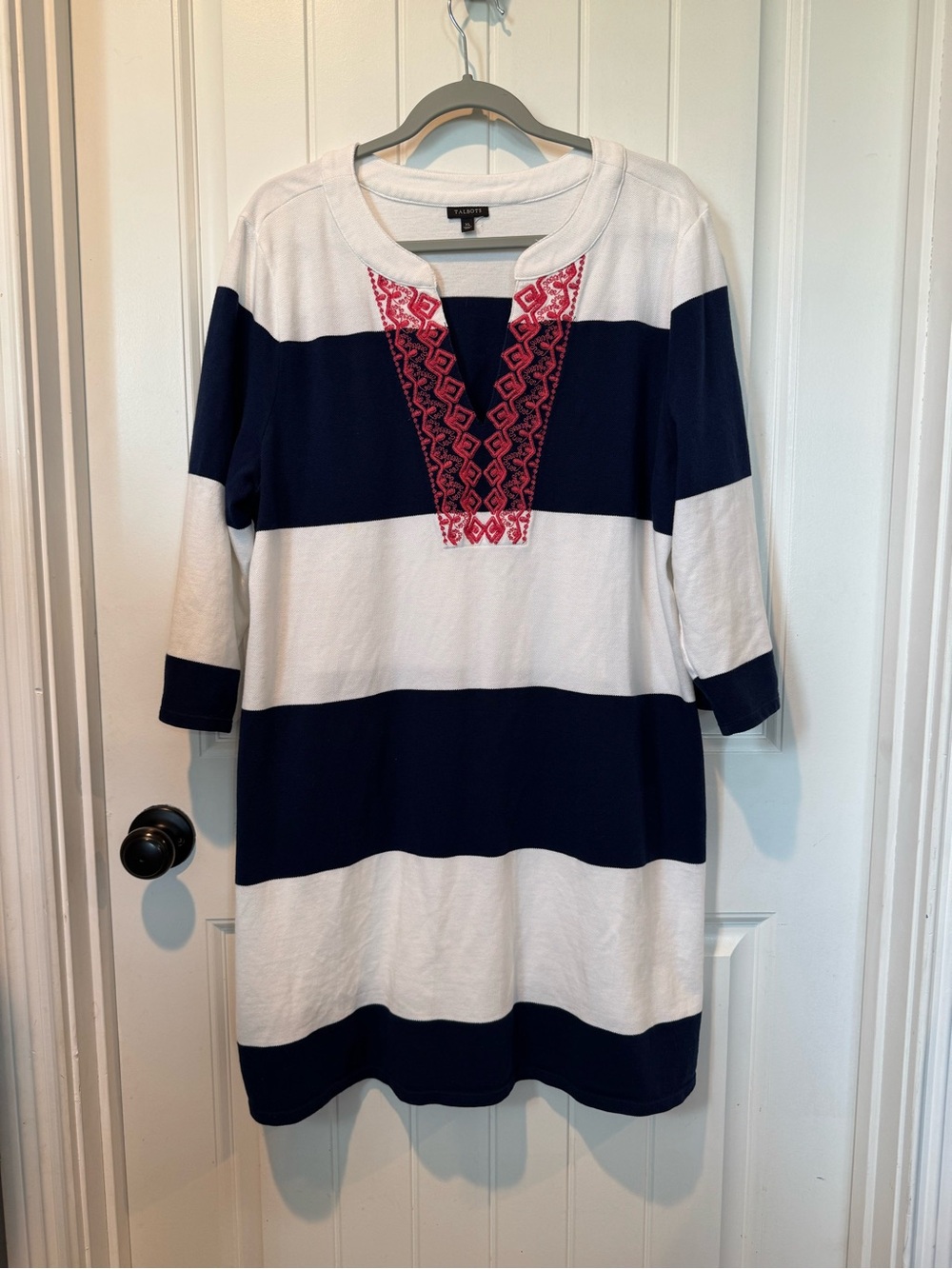Talbots Navy and White Striped Tunic Dress with Pink Embroidery